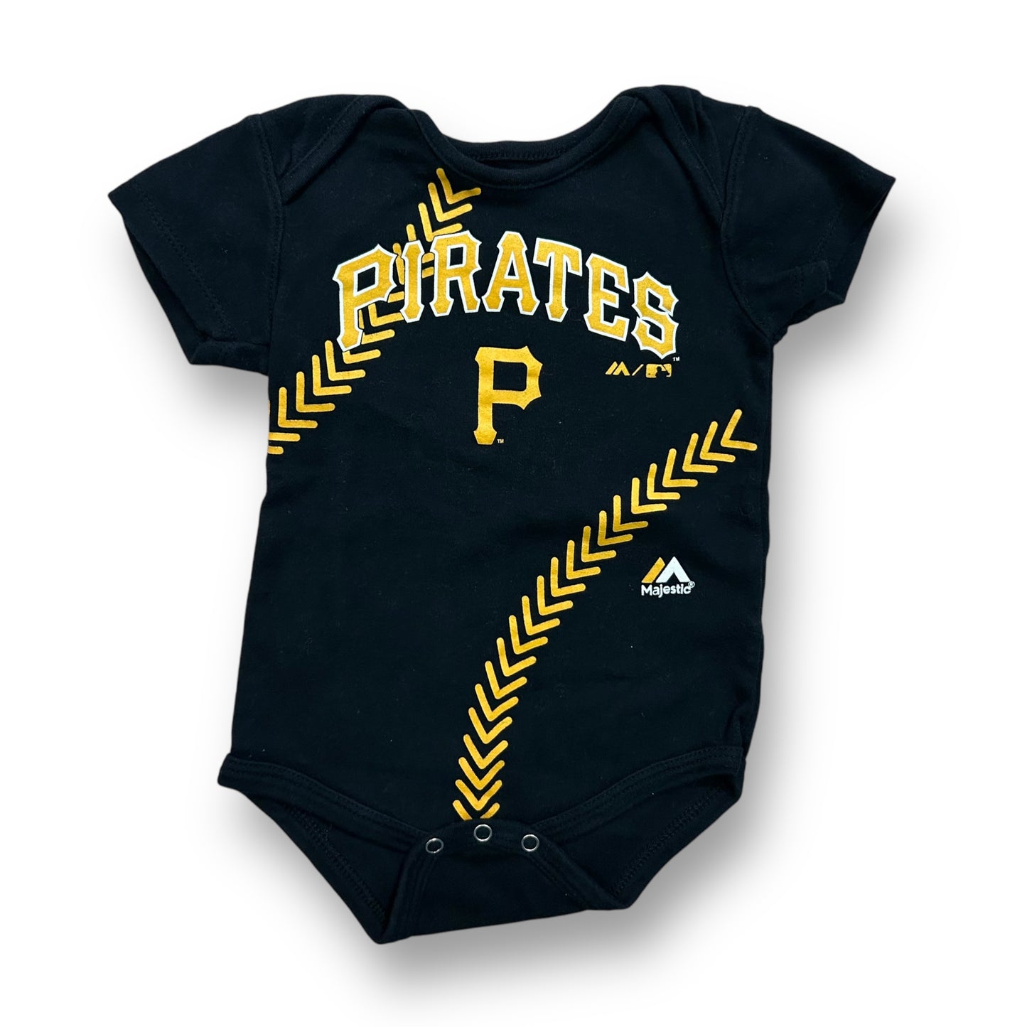 A black and gold colored boys' toddler t-shirt with a Pirates baseball design on it, featuring the number 7 and the word 'Pirates' on the front.