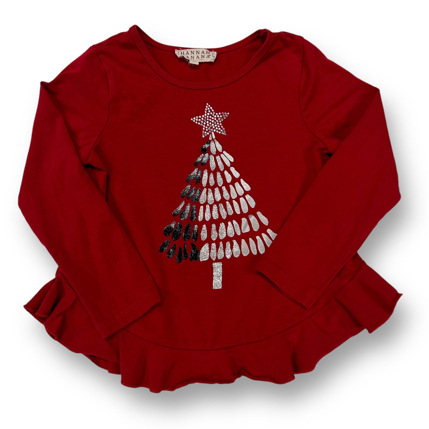 Hannah Banana Boutique Girls Size 5 Red Christmas Tree Long Sleeve Ruffle Shirt