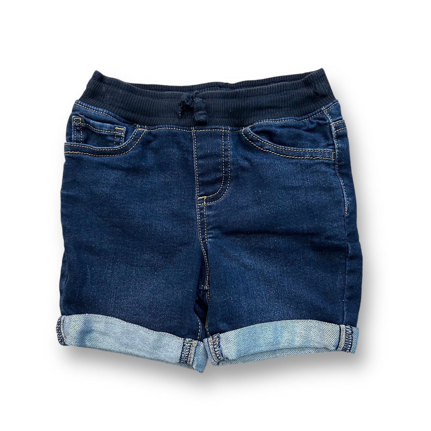 A pair of blue denim elastic waist cuffed shorts for boys.