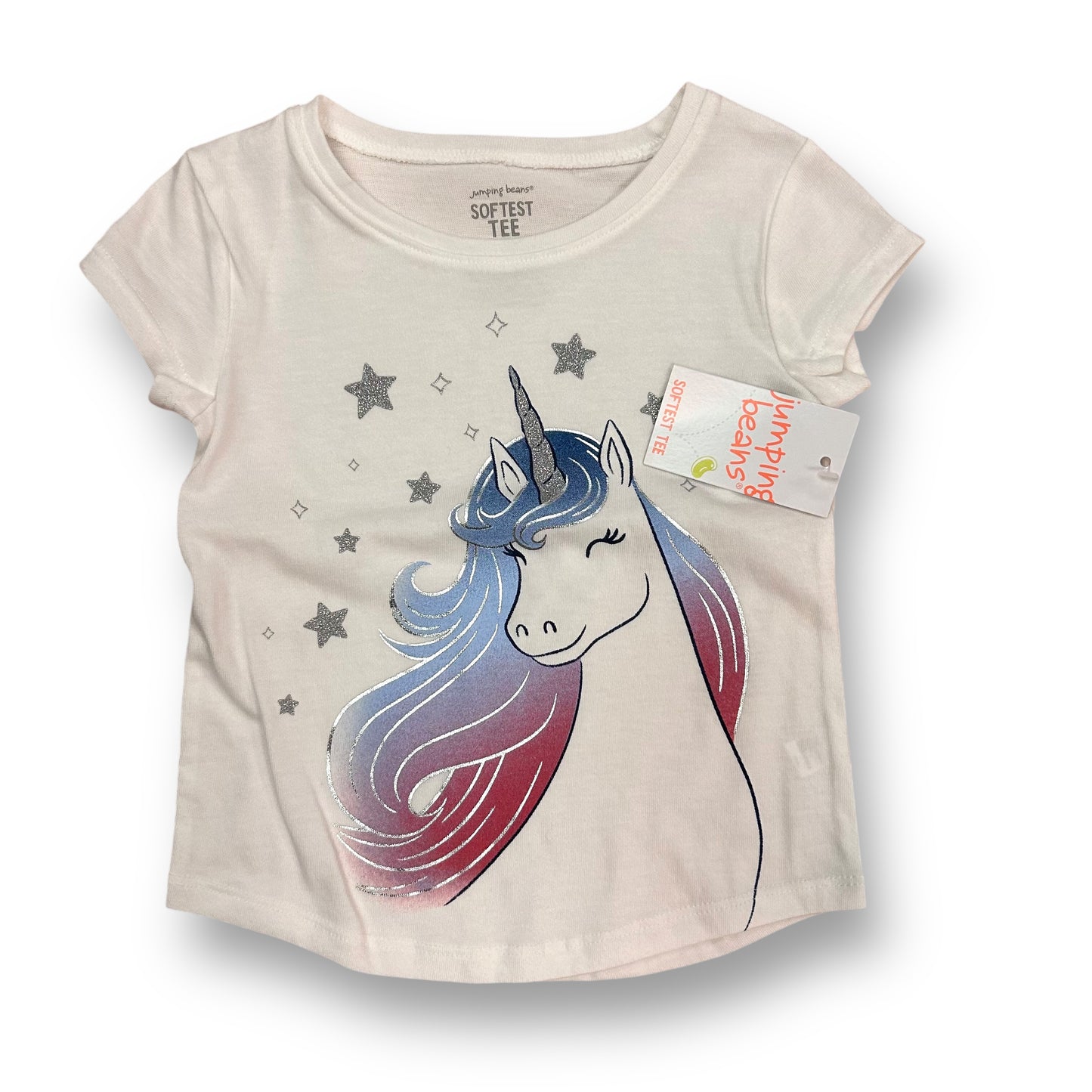 A white short-sleeved girls' t-shirt with a shimmering unicorn design, featuring stars and a pink, blue, and red horn.