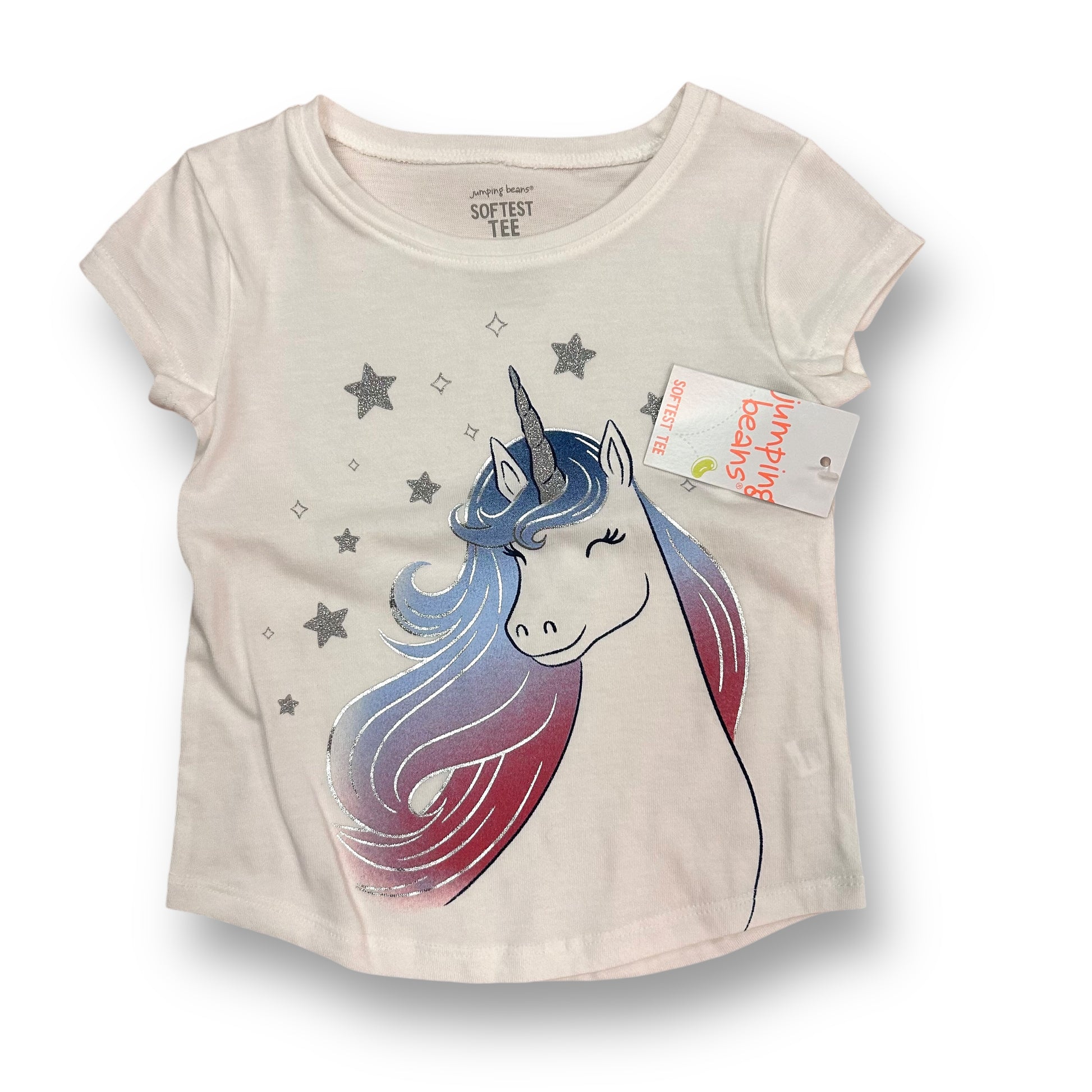 A white short-sleeved girls' t-shirt with a shimmering unicorn design, featuring stars and a pink, blue, and red horn.