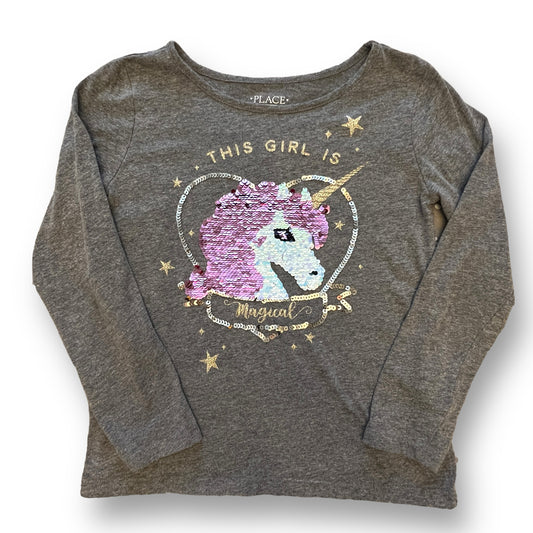 Girls Children's Place Size 7/8 Gray Long Sleeve Flip Sequins Unicorn Shirt