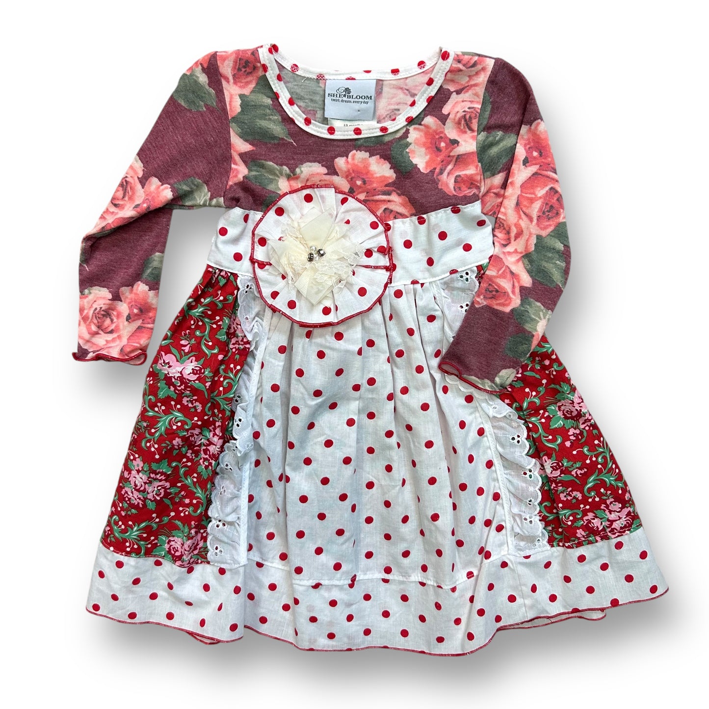 She Bloom Girls Size 18 Months Red Roses & Polka Dots Long Sleeve Boutique Dress