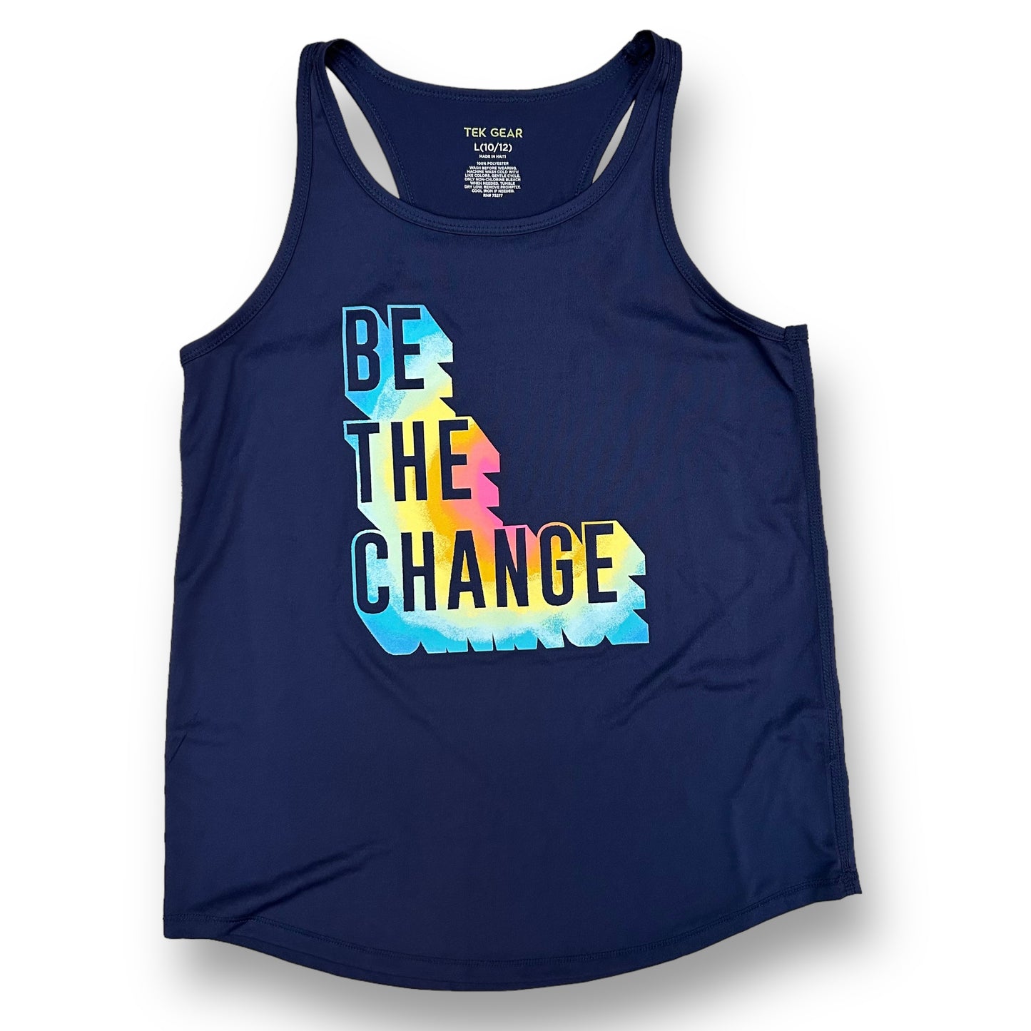 Girls Size 10/12 Youth Activewear Tank Navy "Be the Change" Athletic Top