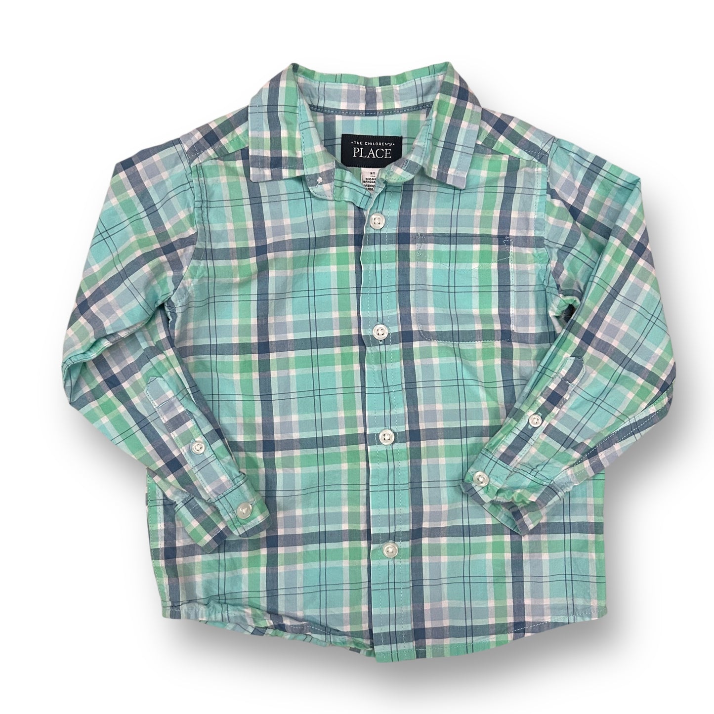 Children's Place Boys Size 2T Aqua Blue Plaid Long Sleeve Button Down Shirt
