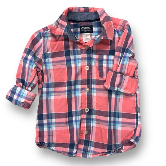 Boys OshKosh Size 3T Red & Blue Plaid Long Sleeve Button Down Shirt