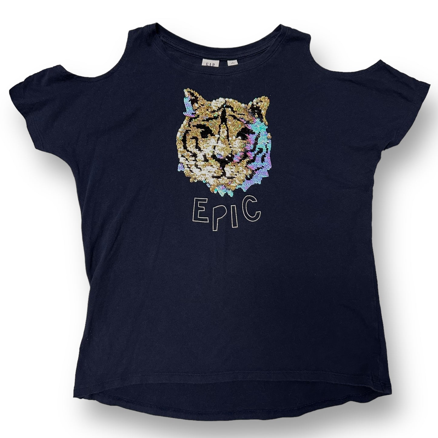 Girls Gap Size 10 YLG Navy Tiger Cold Shoulder Short Sleeve Shirt