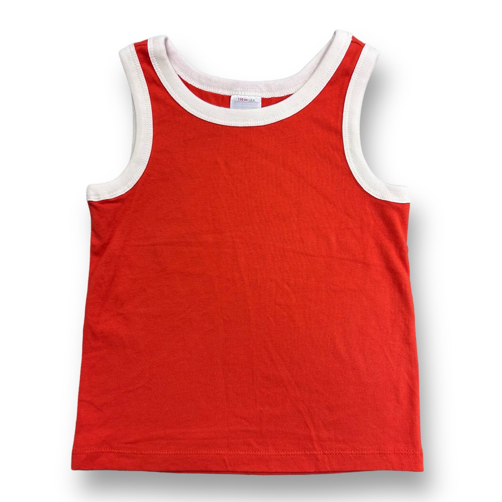 An orange Hanna Andersson size 5/6 tank top with white trim.