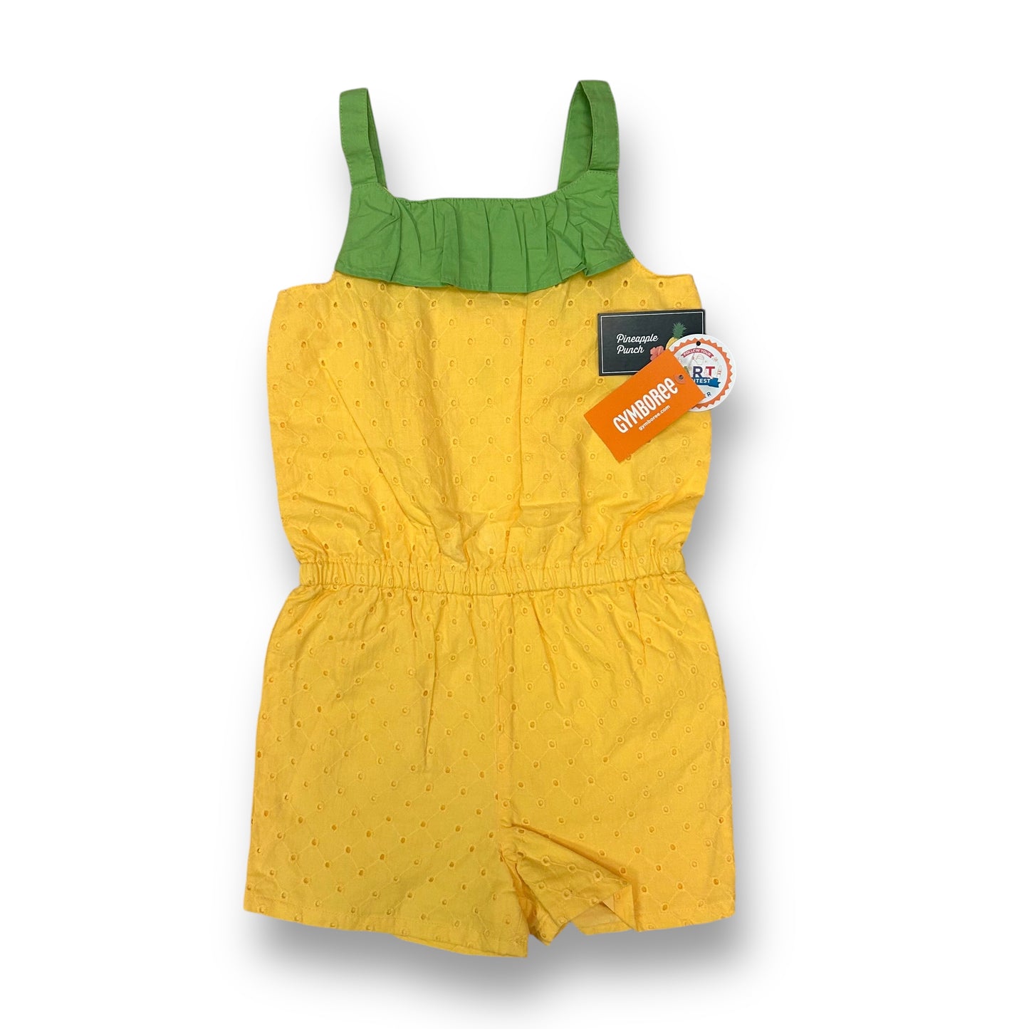 A Gymboree girls' romper in green and yellow with eyelet pineapple design, size 4T, displayed on a white background.