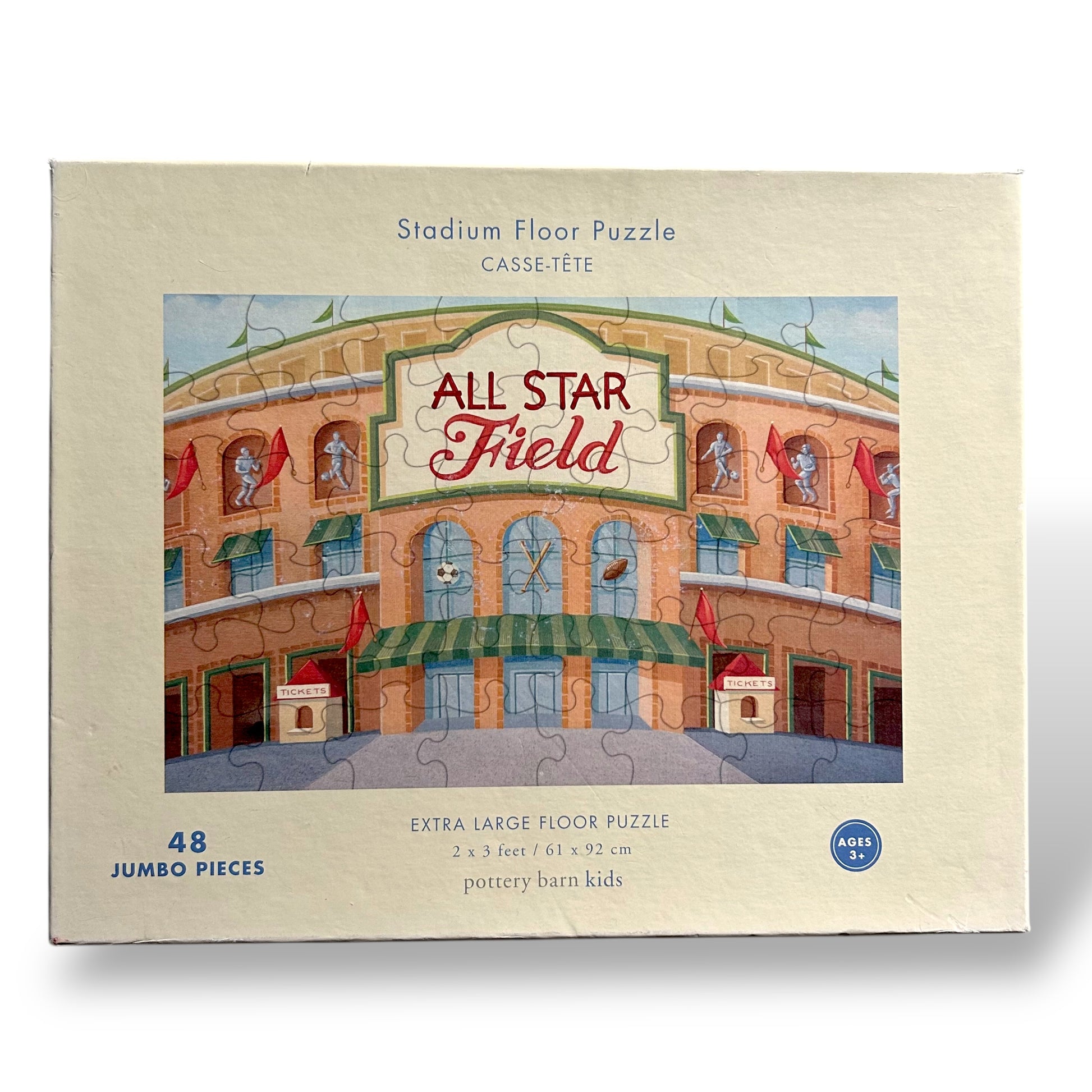 Box of 'All Star Field' stadium floor puzzle with illustration of a building facade.