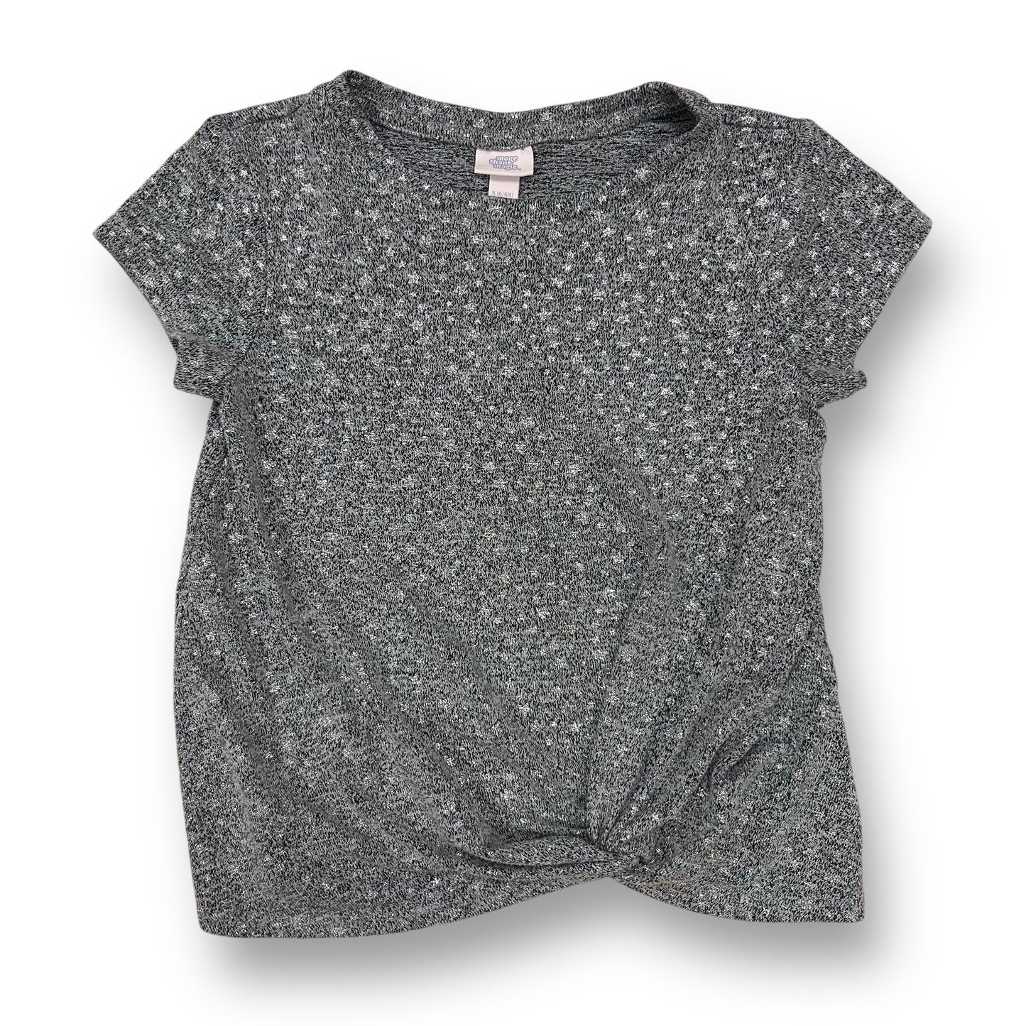 More than Magic Girls Size 6/6X Shimmery Gray Knit Short Sleeve Knotted Blouse