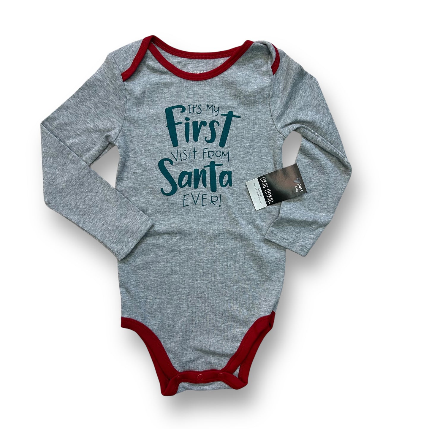 A long sleeve gray and red bodysuit for a 24 month old boy with 'It's my first Christmas from Santa' printed on the front.