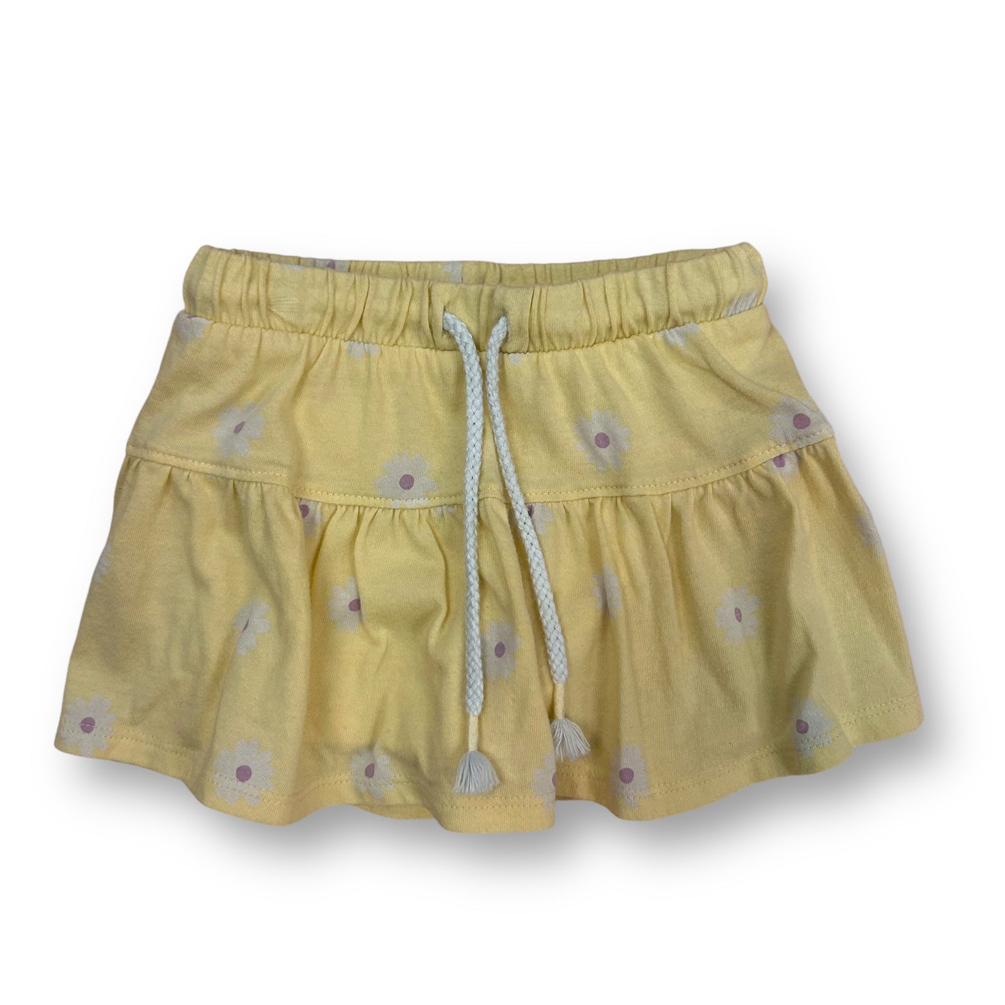 A yellow floral print drawstring skort for girls.