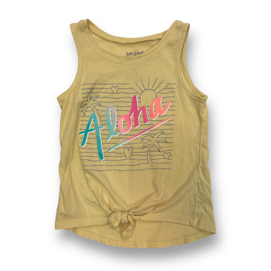 A yellow tank top with a tie-front design, featuring a graphic of palm trees and the word 'ALOHA' on the front, with short sleeves.