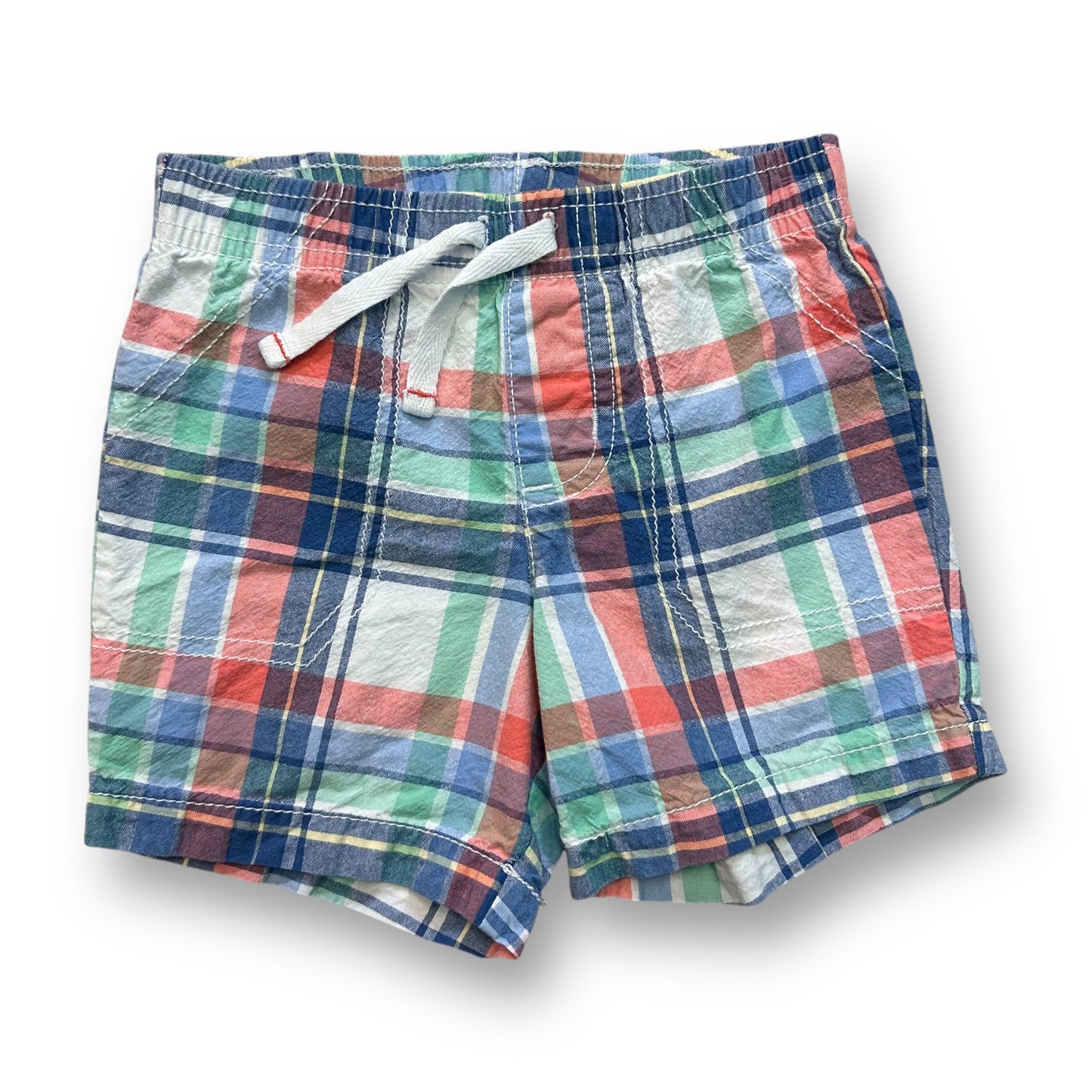A pair of boys' pull-on shorts with a pastel plaid pattern in red, blue, green, and beige colors.