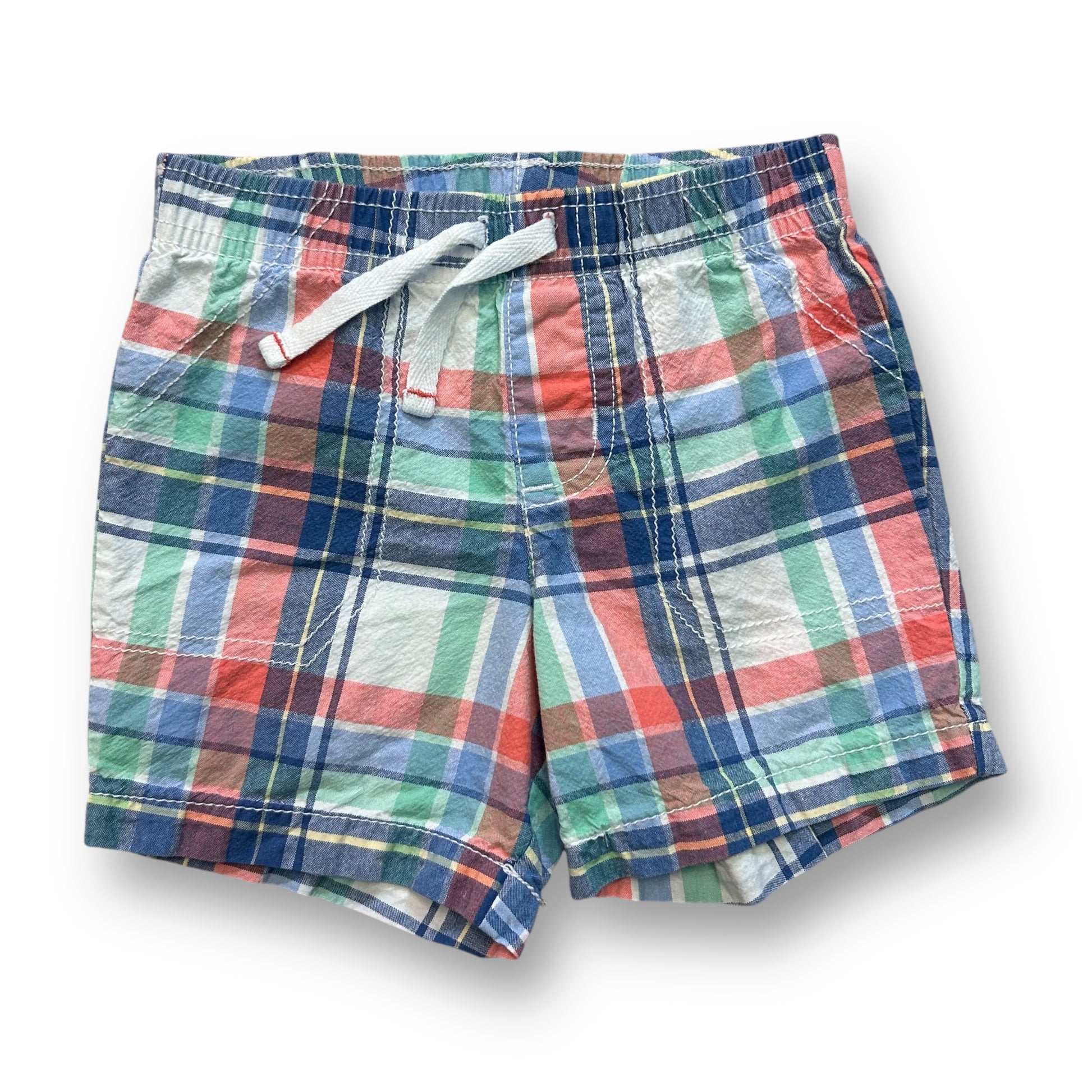 A pair of boys' pull-on shorts with a pastel plaid pattern in red, blue, green, and beige colors.