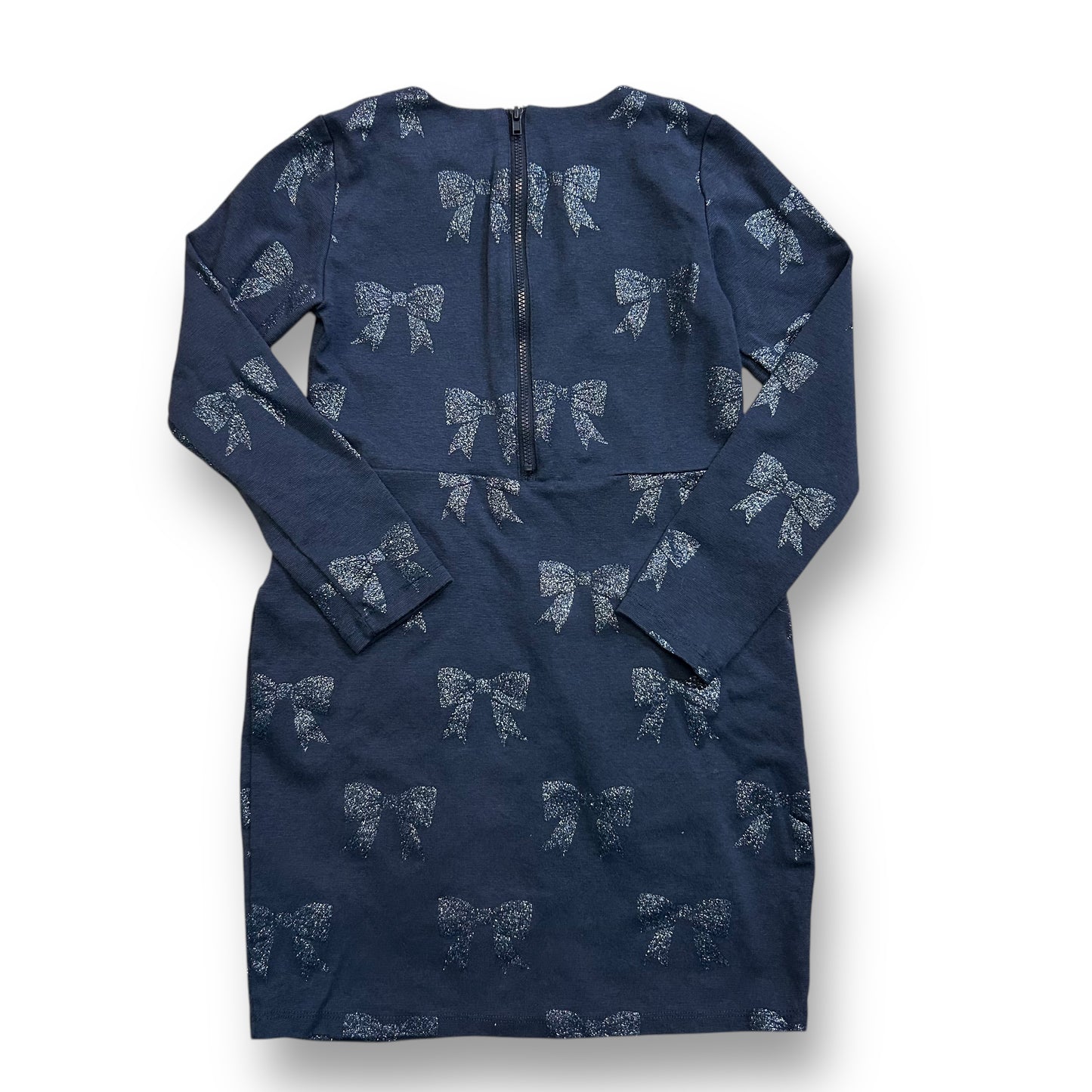 H&M Girls Size 6-8 Navy Blue Shimmery Bows Quarter-Zip Long Sleeve Dress