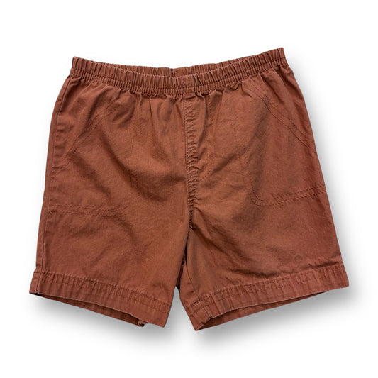 A pair of brown pull-on shorts for boys, viewed from the front.