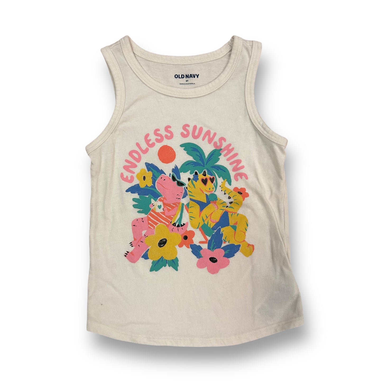 A girls' off-white tank top with short sleeves, featuring a dinosaur print and the text 'ENDLESS SUNSHINE'.