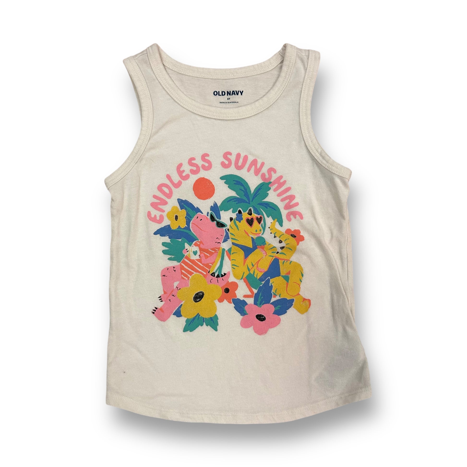 A girls' off-white tank top with short sleeves, featuring a dinosaur print and the text 'ENDLESS SUNSHINE'.