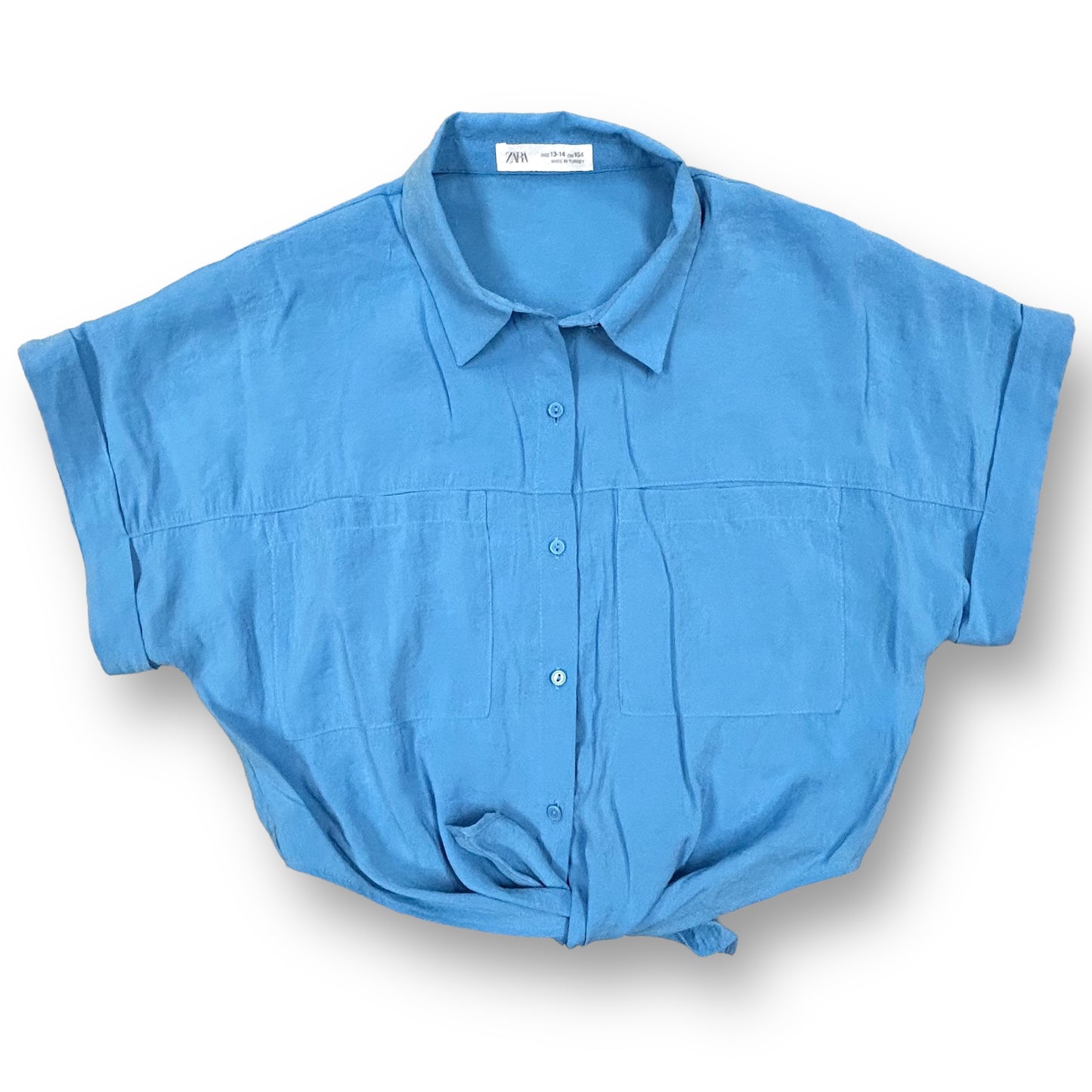 Zara Girls Size 14 Youth Country Blue Tie-Front Cropped Button Up Top