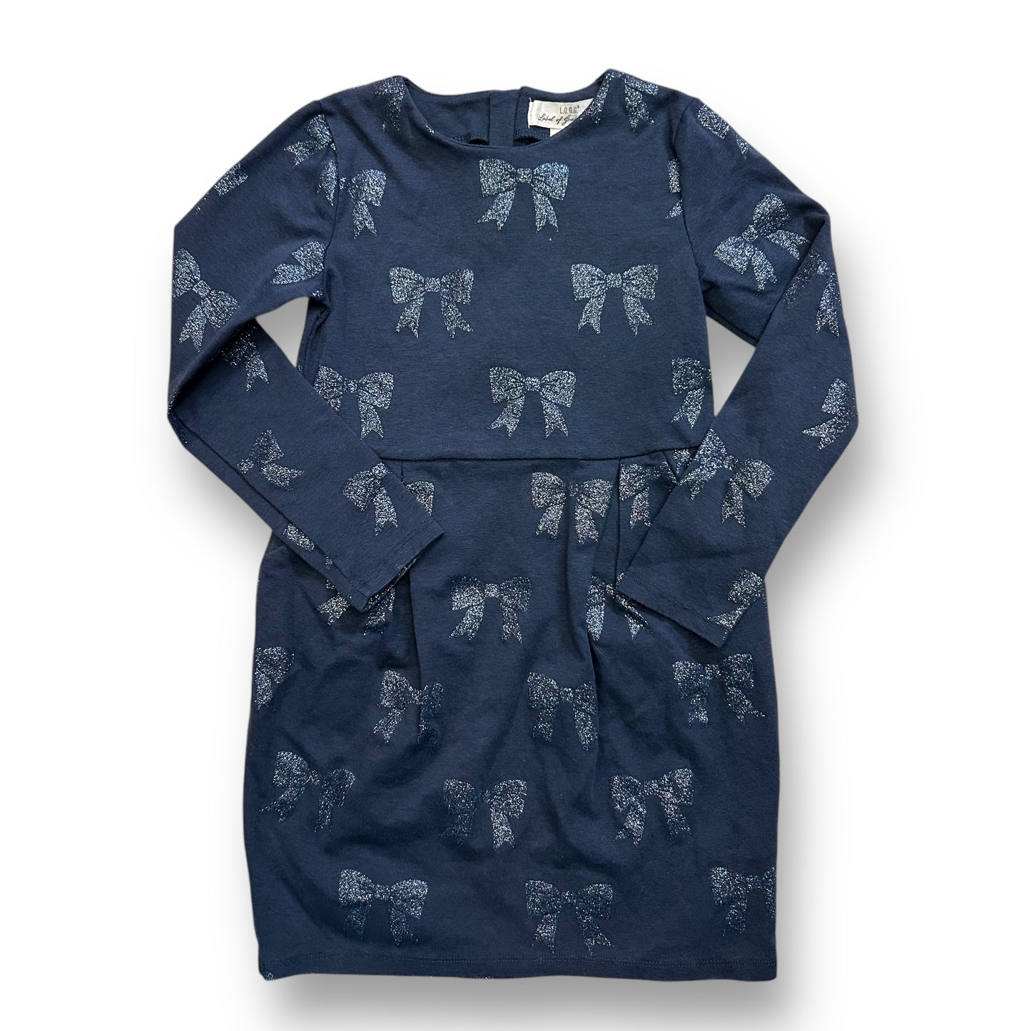 H&M Girls Size 6-8 Navy Blue Shimmery Bows Quarter-Zip Long Sleeve Dress