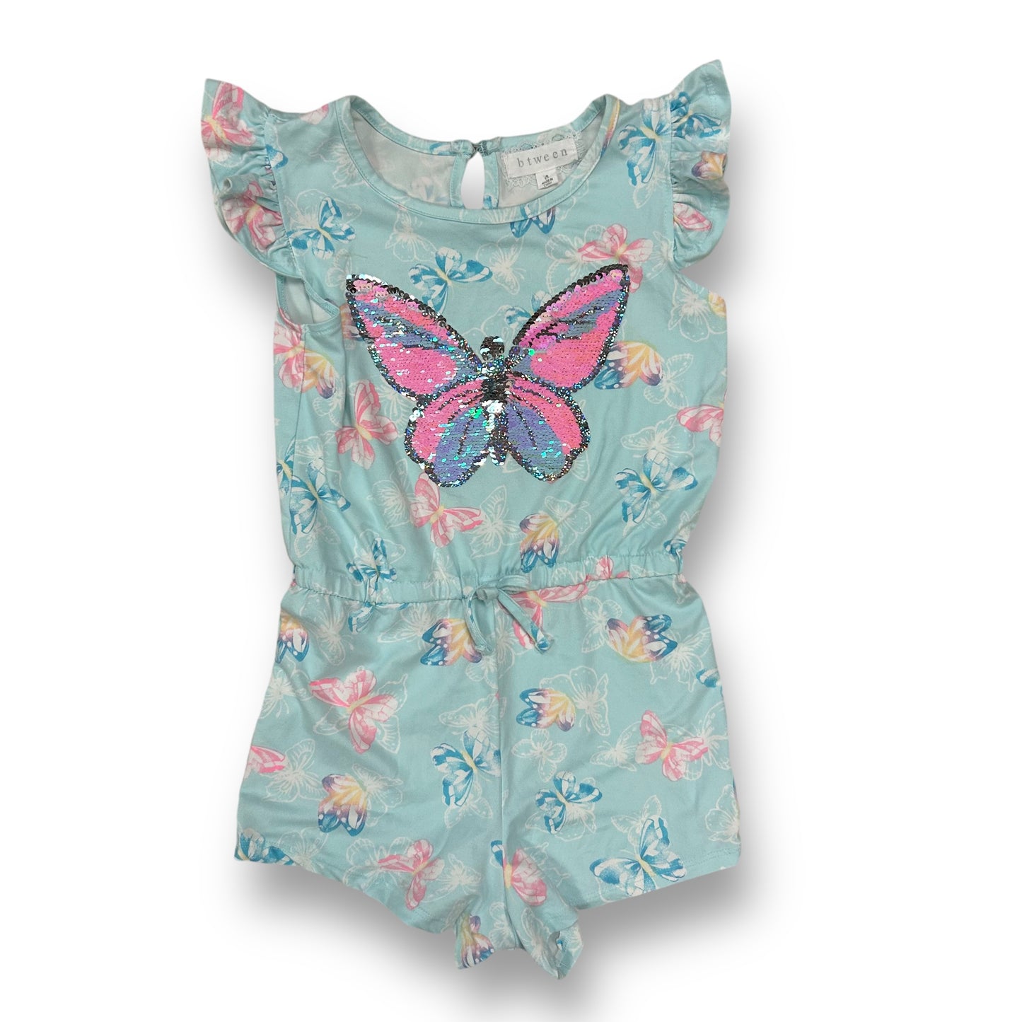 Btween Girls Size 6 Romper Aqua Blue Butterfly Sequin Flutter Sleeve One Piece