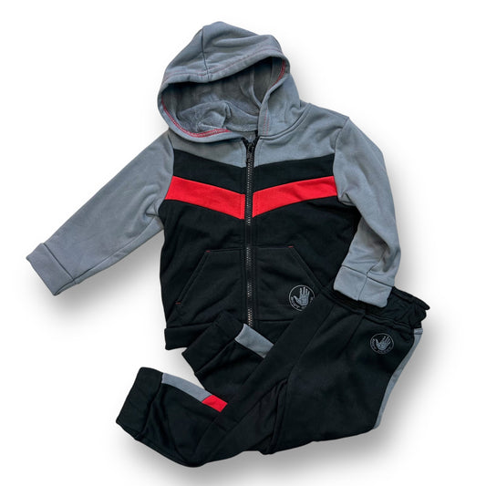 A boys' 24-month outfit set including a gray hoodie with black and red accents and a matching pair of black sweatpants with a gray drawstring.