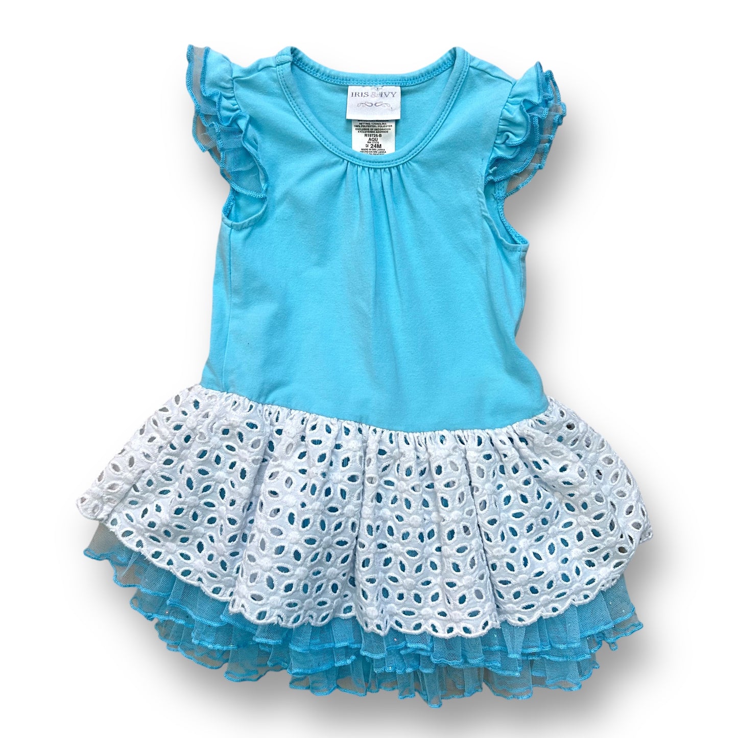 A sleeveless tulle bottom dress for girls, with aqua and white colors, displayed on a hanger.