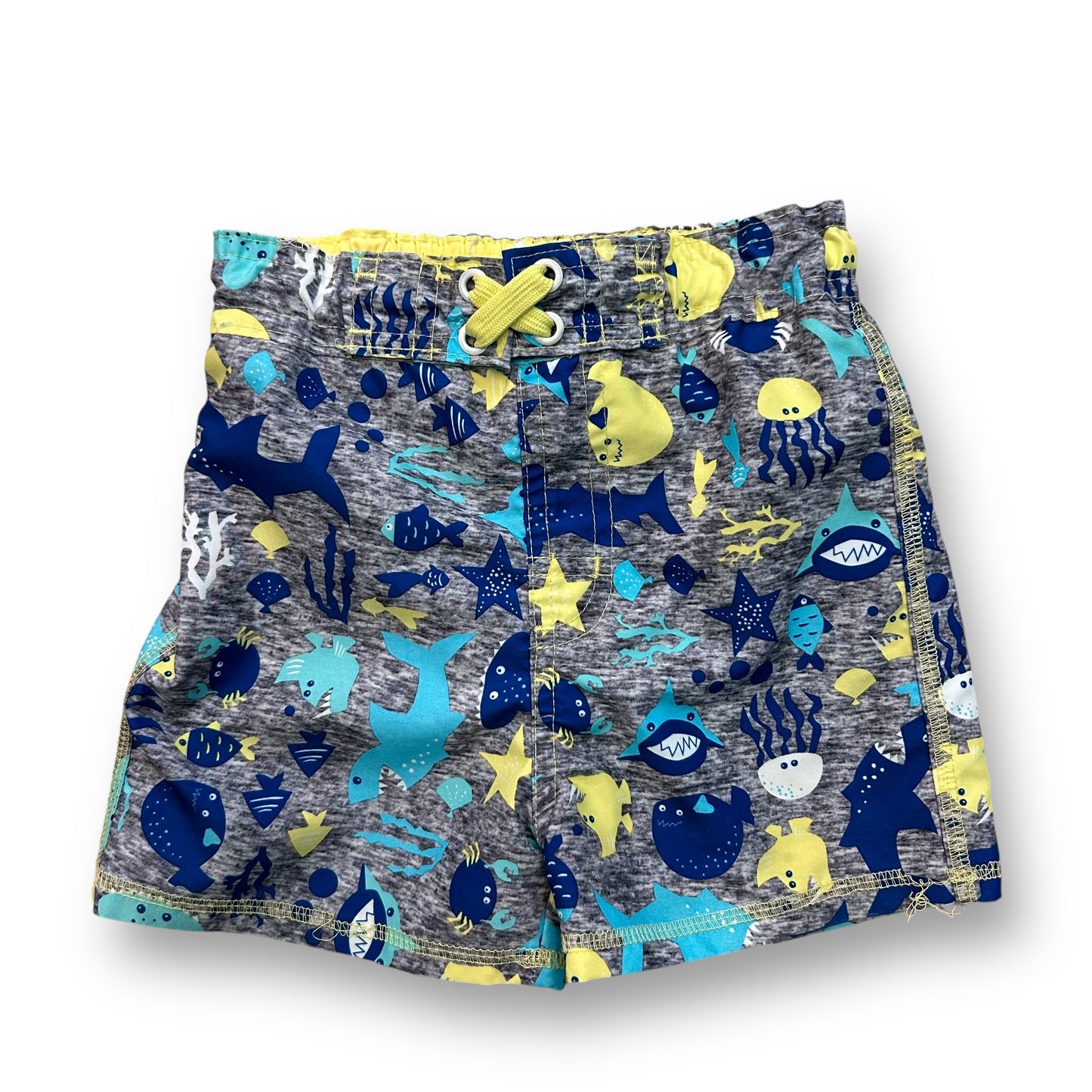 Toddler boys' swim trunks with a gray and blue color scheme and a pattern of tropical fish.