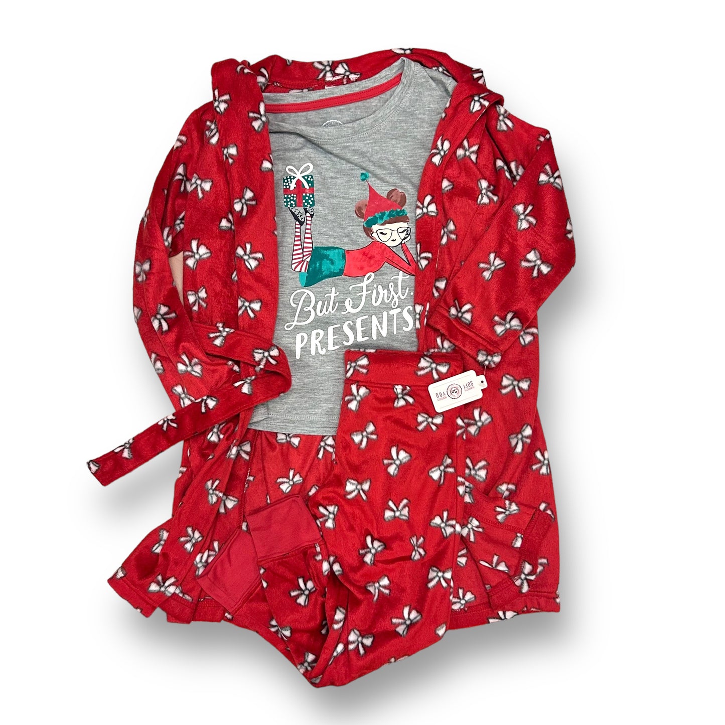 NEW! Girls Size 4T Gray and Red Christmas Top, Pants, & Robe 3-Pc Pajama Set