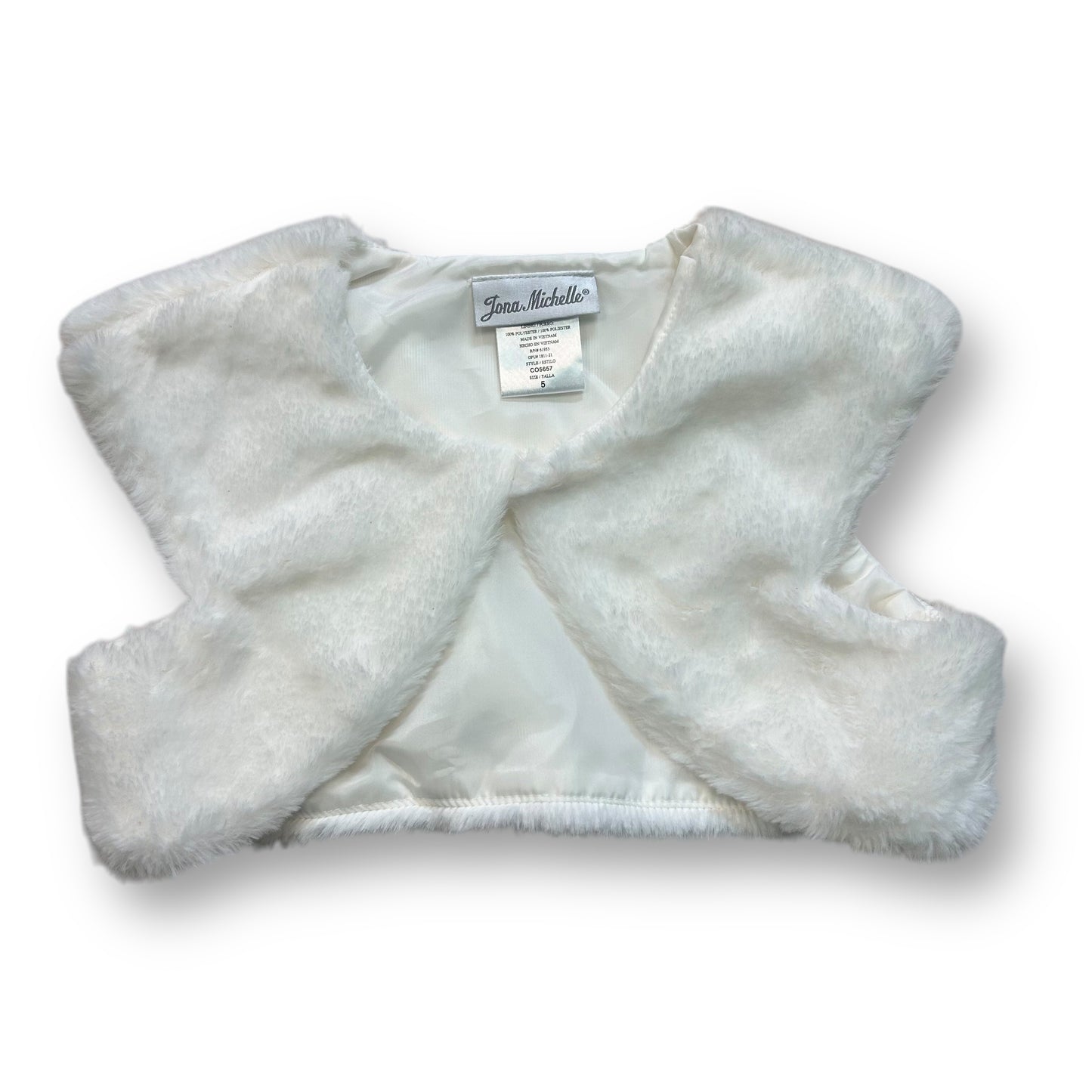 A white faux fur girls' dress sweater with a V-neckline and sleeveless design, branded with 'Jona Michelle' on the lower left side.