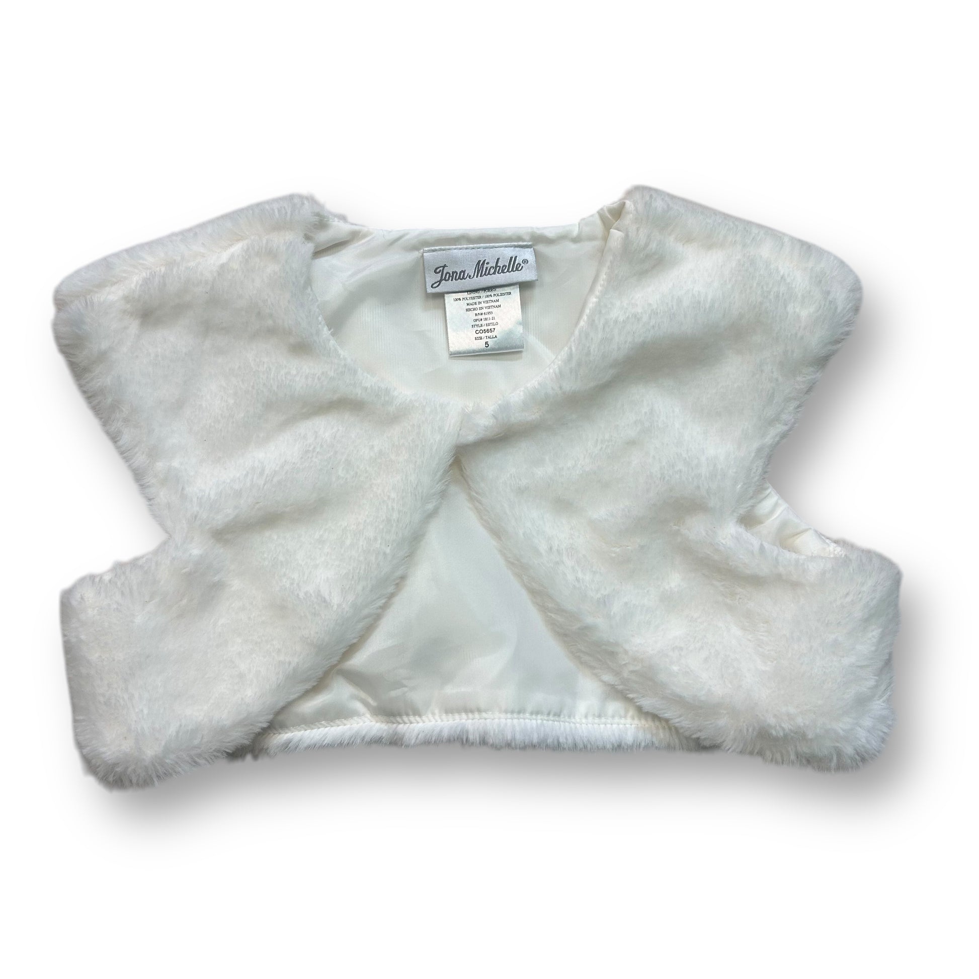 A white faux fur girls' dress sweater with a V-neckline and sleeveless design, branded with 'Jona Michelle' on the lower left side.