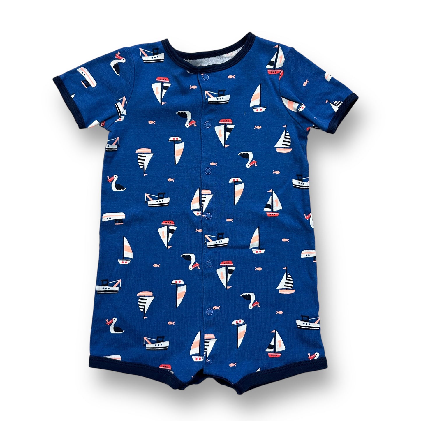 Toddler size blue one-piece with a sailboat print and snap bottom.