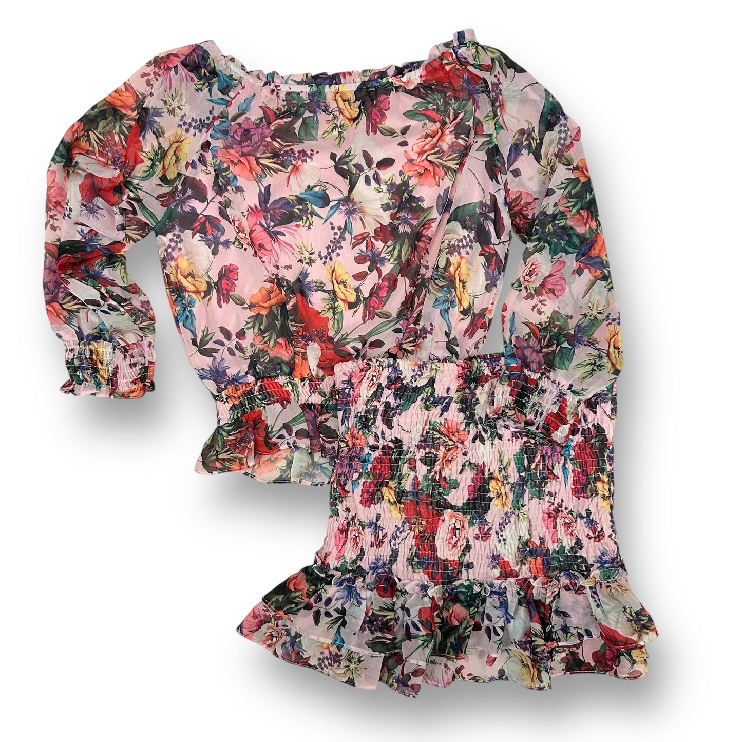 Aqua Girls Size 12/14 Youth Outfit Pink Floral Print Ruffle Polyester 2pc Set