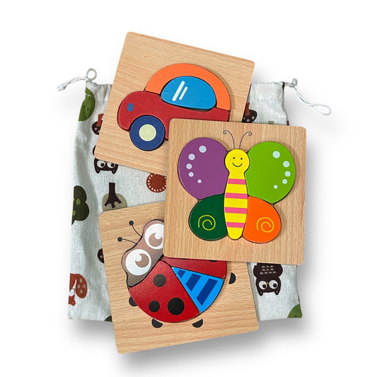 Wooden Puzzles 3-Pack with Owl Drawstring Bag