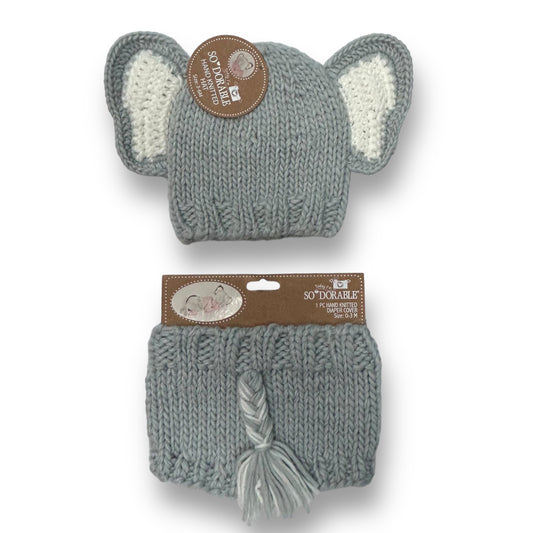 NEW! Hand Knitted 2-Pc Elephant Hat & Diaper Cover Baby Gift Set