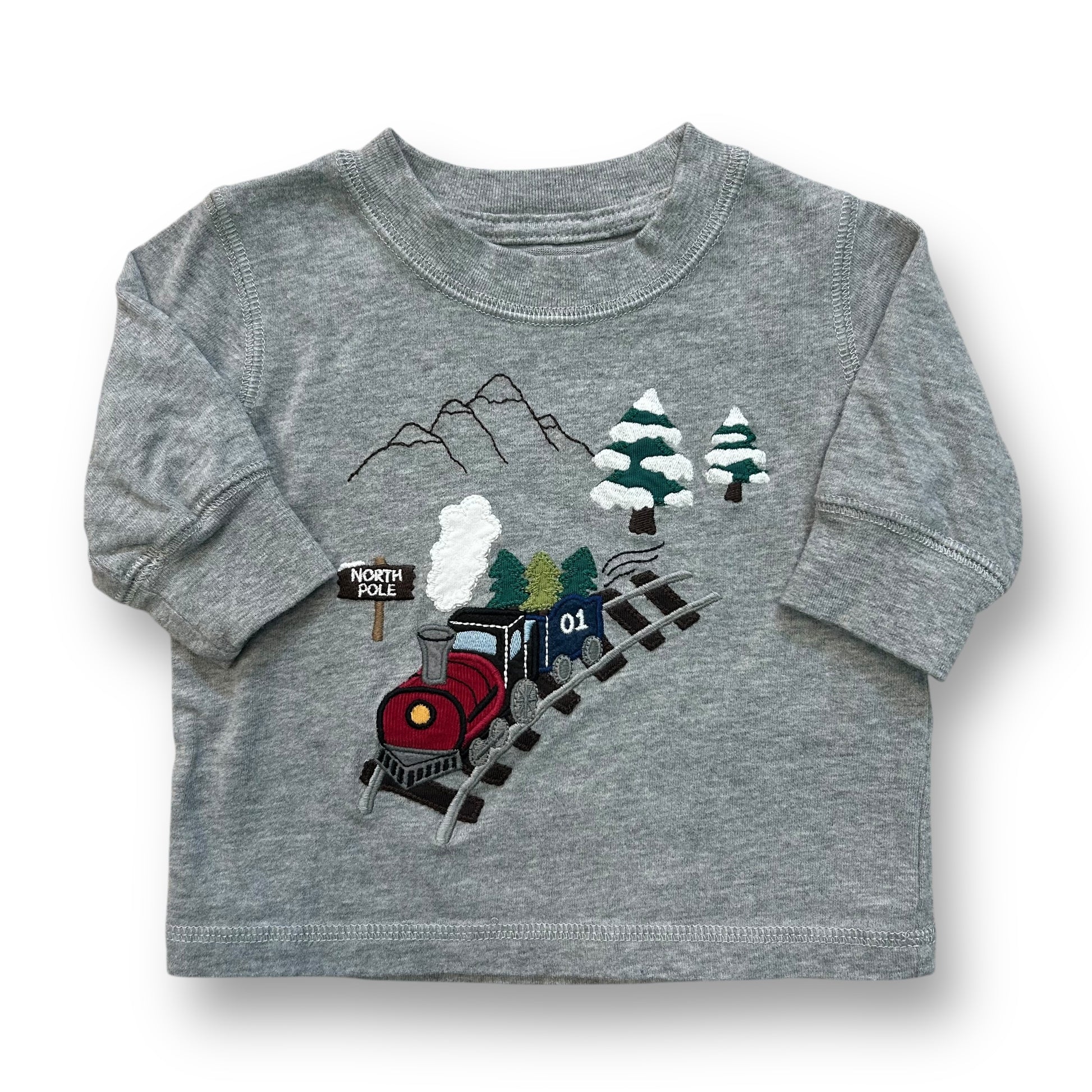 A gray Gymboree toddler shirt with embroidered Christmas train design, suitable for 3-6 months old.
