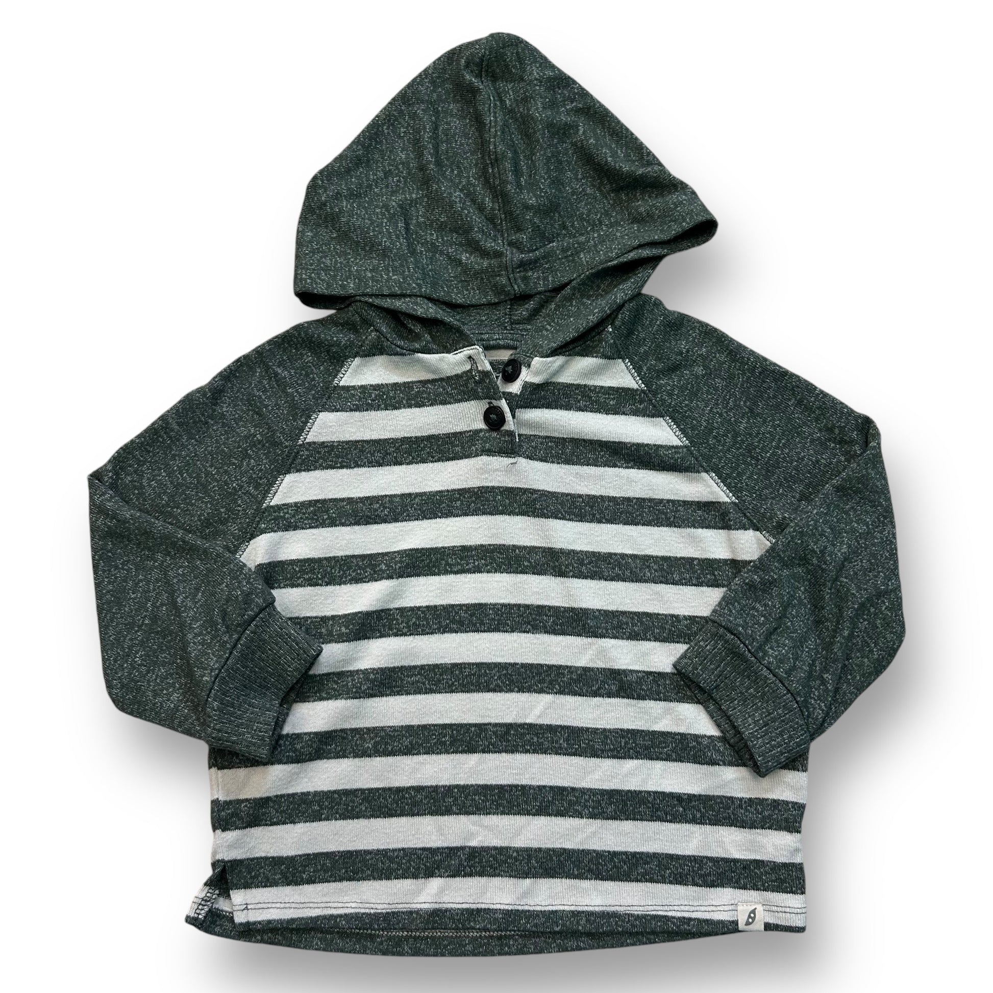 A green and cream striped hooded long sleeve shirt for boys.