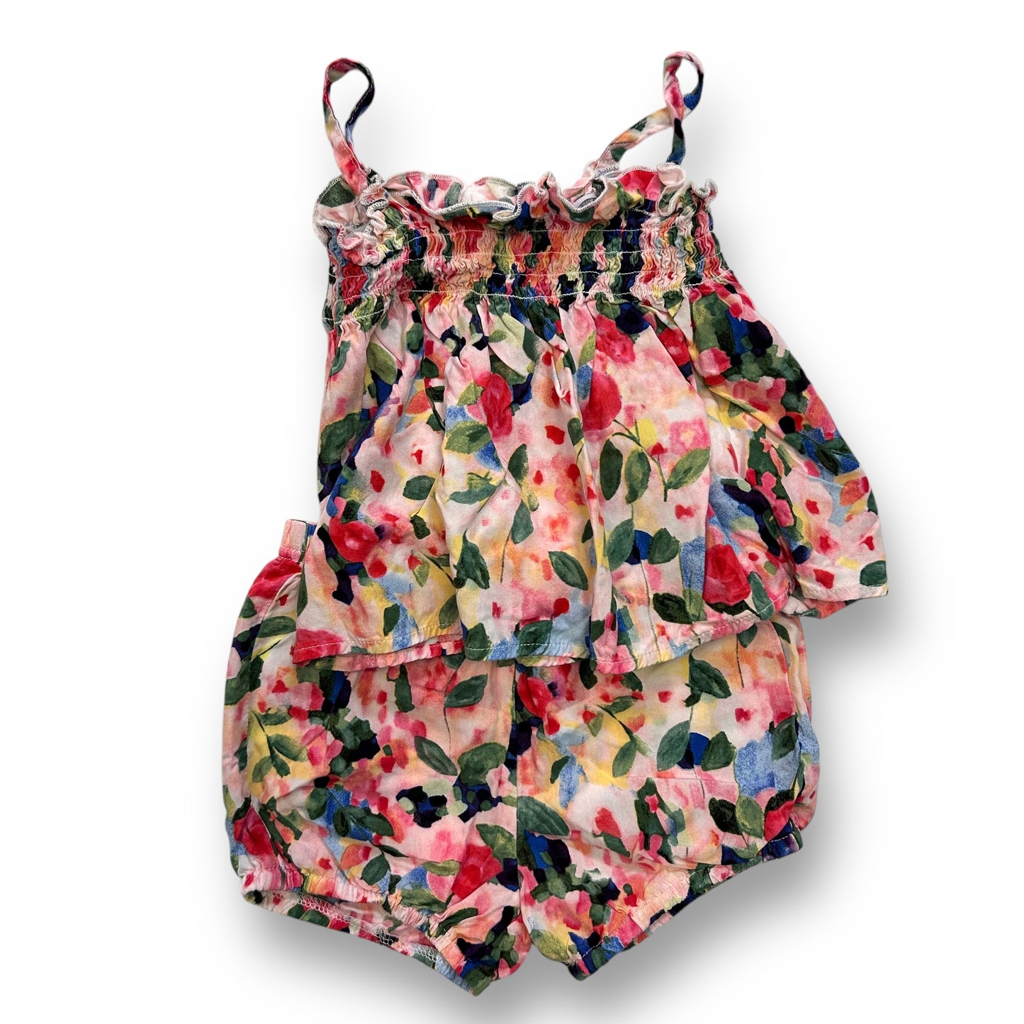 Toddler Girl Smocked Outfit Size 2/3 Pink Floral Print Babydoll Blouse and Shorts Set