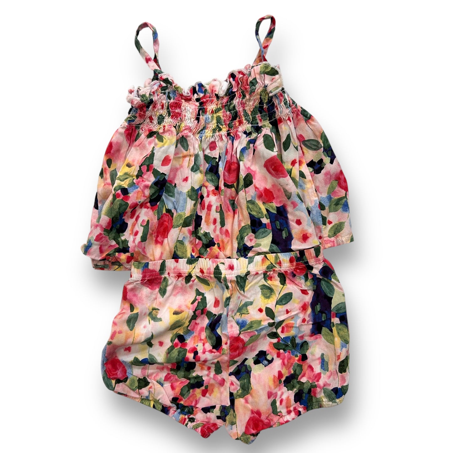 Toddler Girl Smocked Outfit Size 2/3 Pink Floral Print Babydoll Blouse and Shorts Set