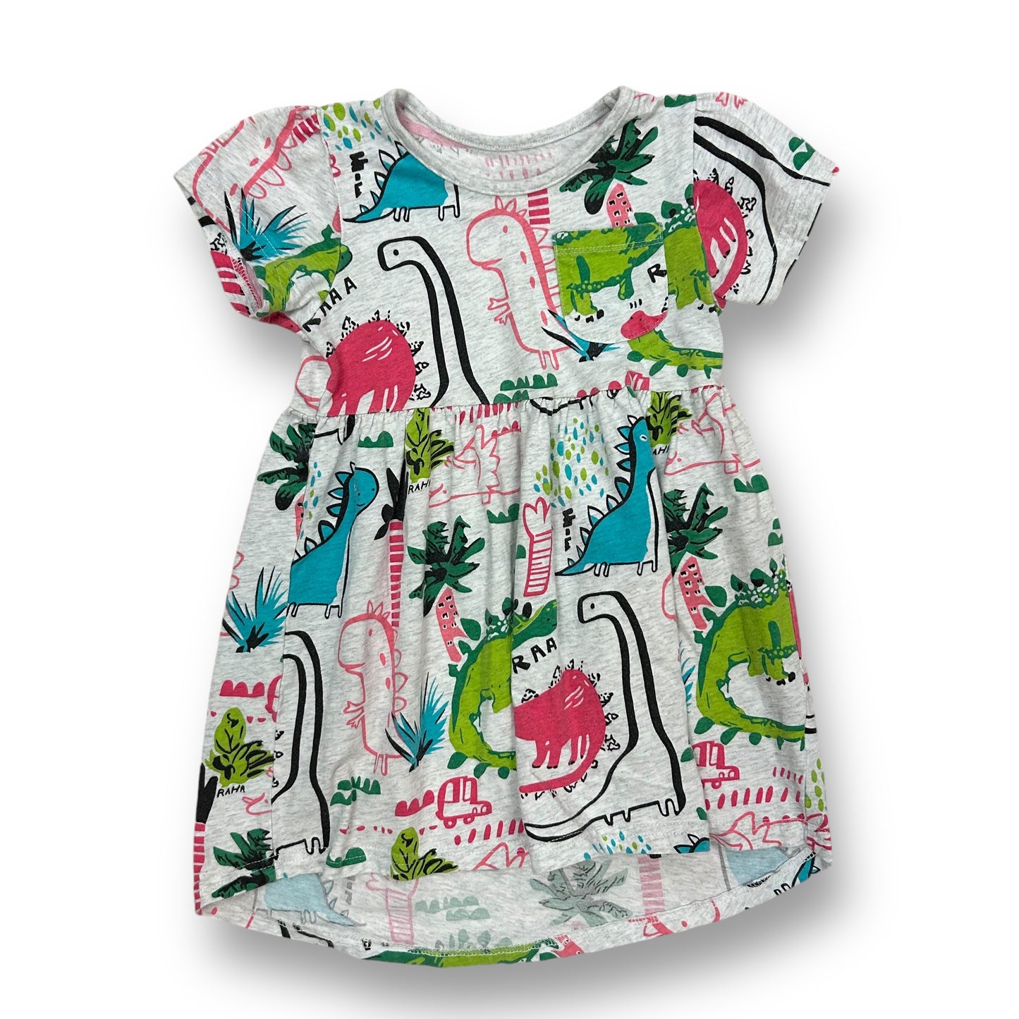 Girls Size 5T Comfort Fit Gray Short Sleeve Dinosaur Print Dress