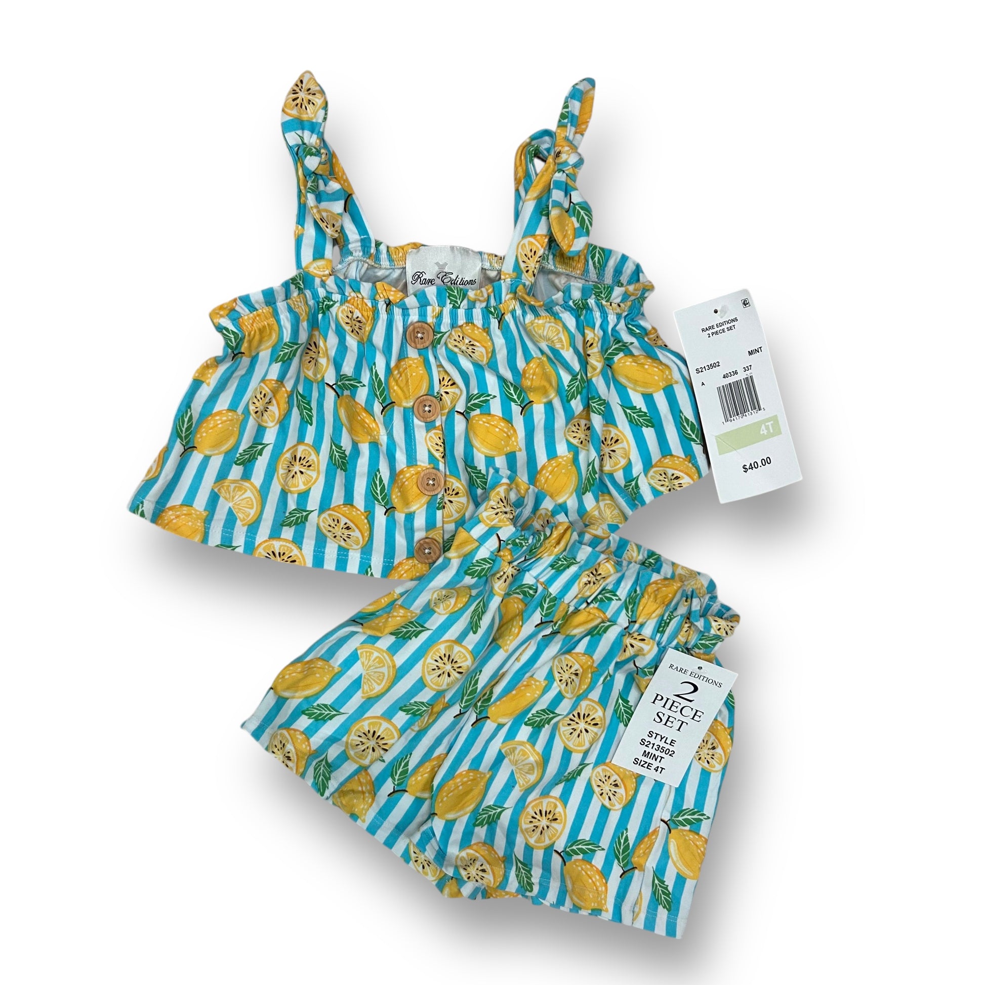 Girls Rare Editions lemon print two-piece outfit with white and blue colors, displayed on a flat surface with the tags visible.