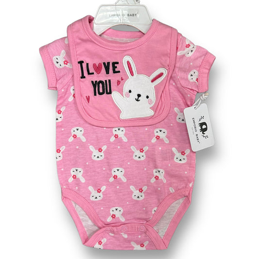 NEW! Girls Emporio Baby Size 3-6 Months White & Pink Bunnies 2-Pc with Bib