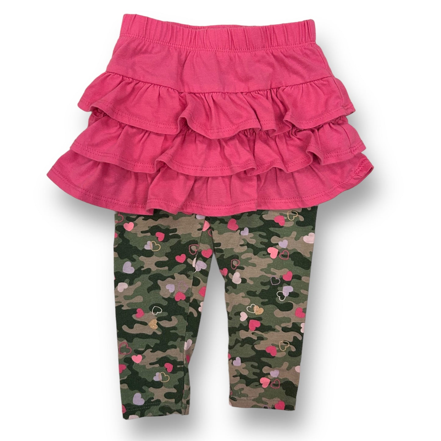 A pair of girls' leggings with camouflage pattern and pink skirted design.