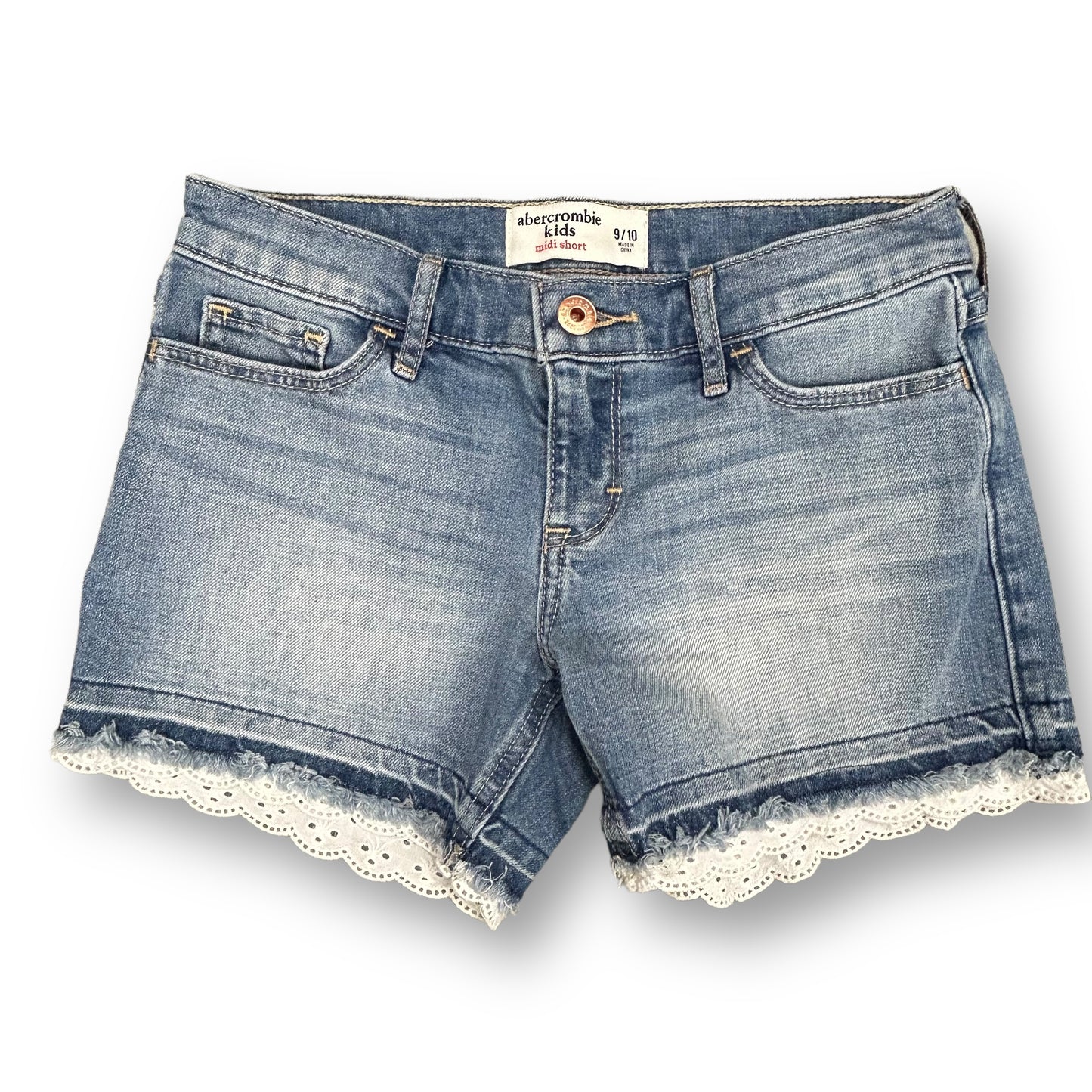 Girls Abercrombie Kids Size 9/10 Denim Lace Trimmed Midi Shorts