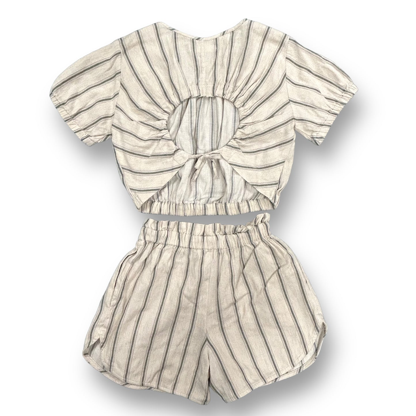 Girls Zara 10/12 Beige Striped Elastic Waist Boho Shorts & Top 2-Pc Outfit Set