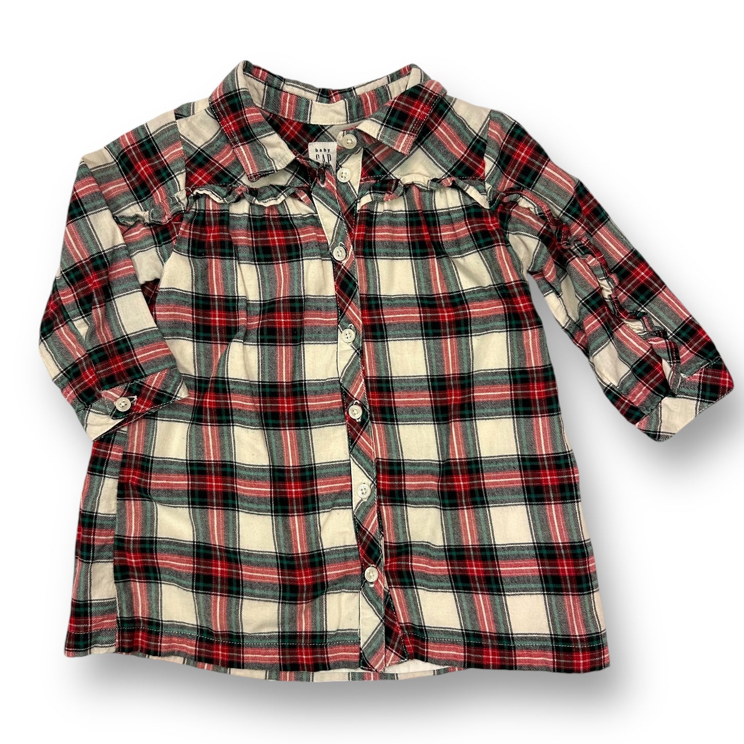 A long sleeve button down dress for girls, with a red and green plaid pattern.
