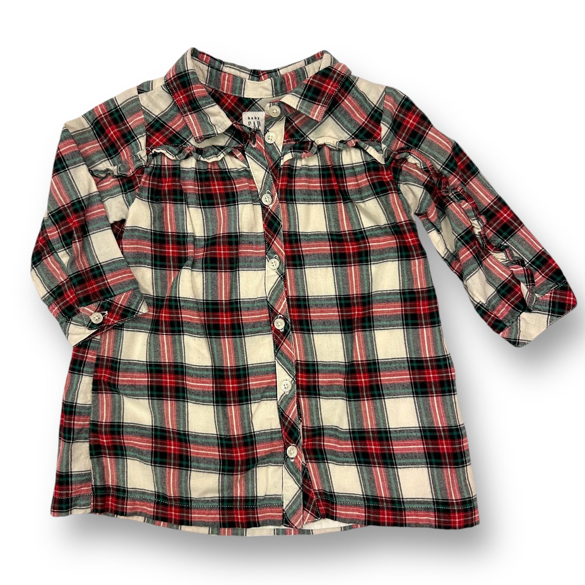 A long sleeve button down dress for girls, with a red and green plaid pattern.