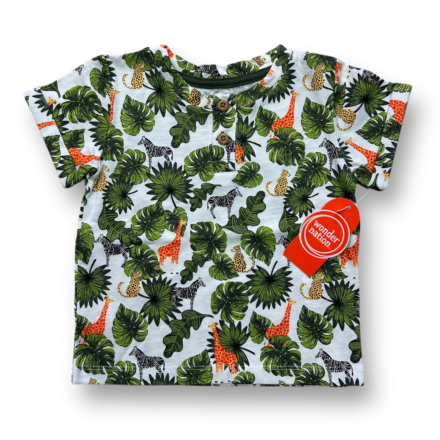 A short-sleeved boys' henley shirt with a tropical print, including leaves and animals, in a color palette primarily in green and orange tones.